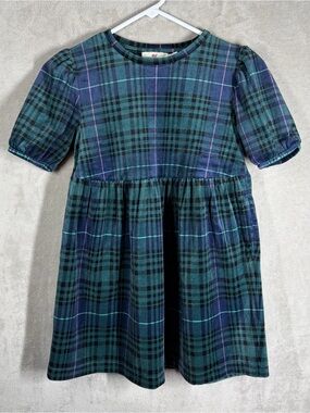 Vineyard Vines Velvet Puff Sleeve Dress Girl 7/8 Green Plaid Soft Stretch Preppy